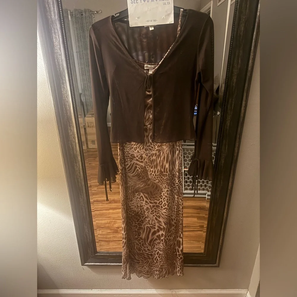See You Monday Brown Animal Print dress with Sheer Cardigan - Picture 12 of 13